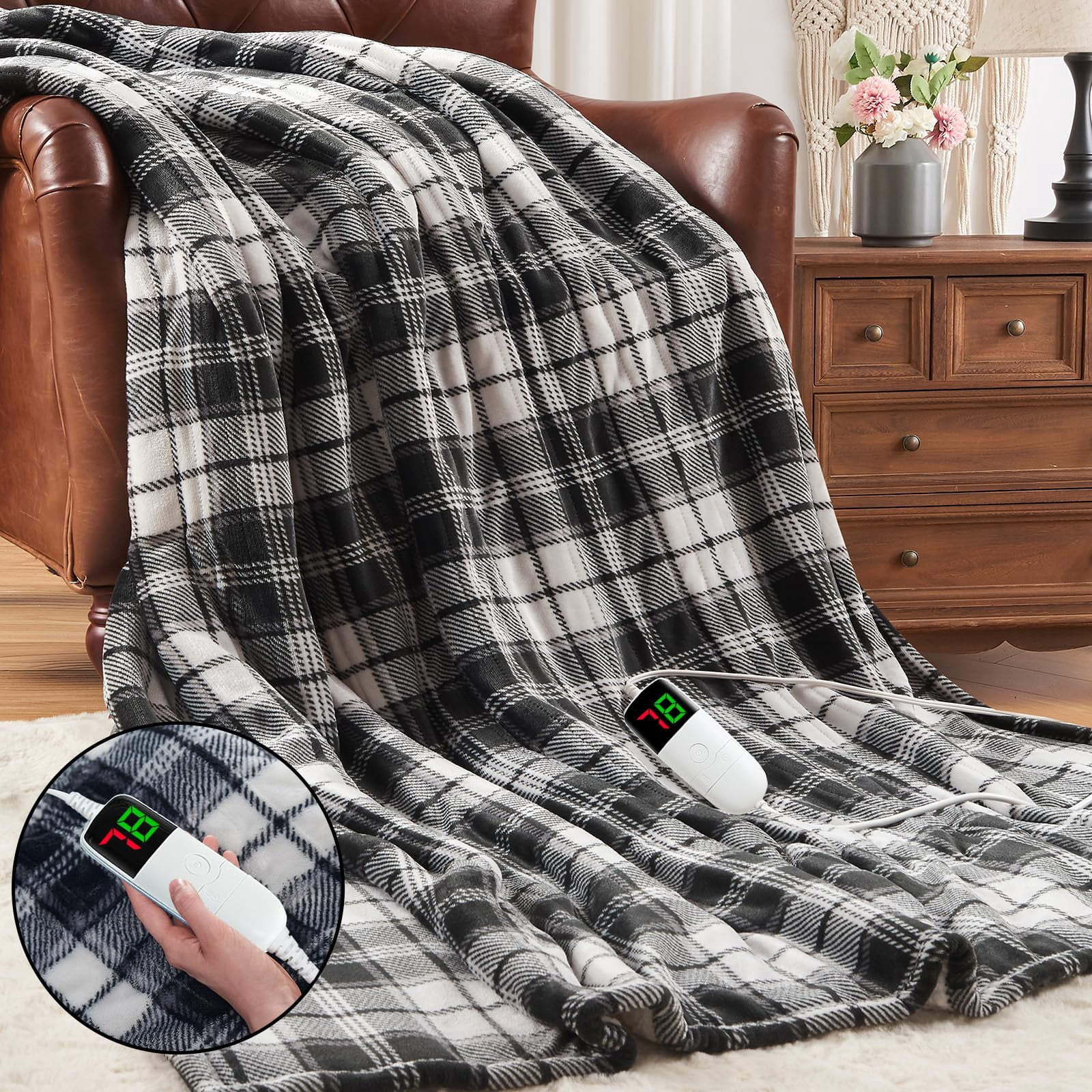 Black Heated Blanket Electric Throw  50x60 Heating With 10 Heats Levels & 8 Hours Auto Off Plaid Soft Sherpa Blankets Warmer Gifts For Men Dad Home Decor Living Room Bedroom Office
