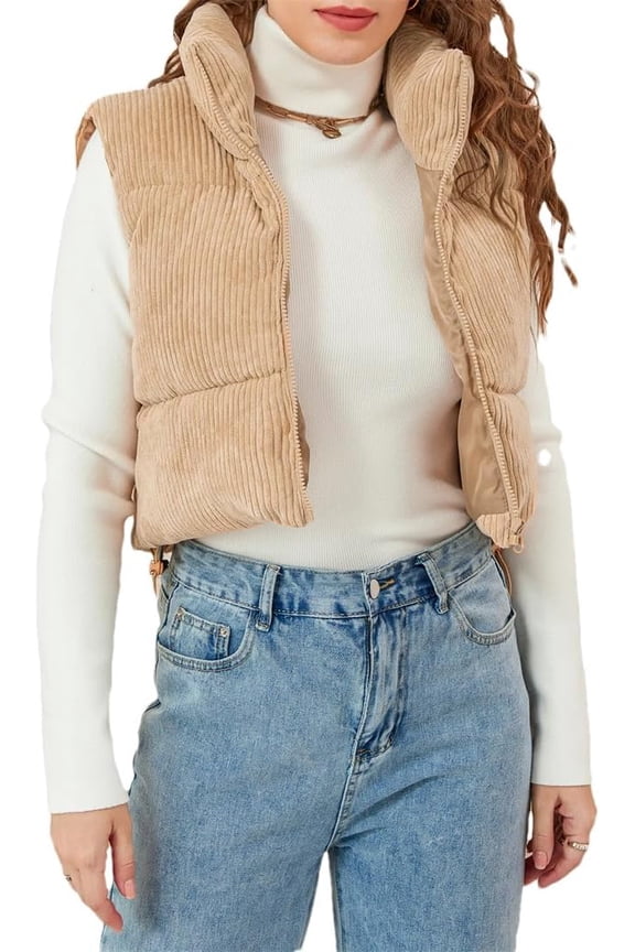 Women Winter Warm Crop Waistcoat Sleeveless High Stand Collar Lightweight Crop Puffer Gilet Outerwear B Khaki L