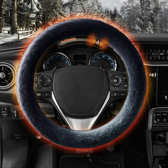 Black Heated Steering Wheel Cover Warmer, Plug in Cigarette Lighter Car Hand Warmer, 14.5-15 Inch Winter Warm Suede Steering Wheel Cover, Heats Up Quickly