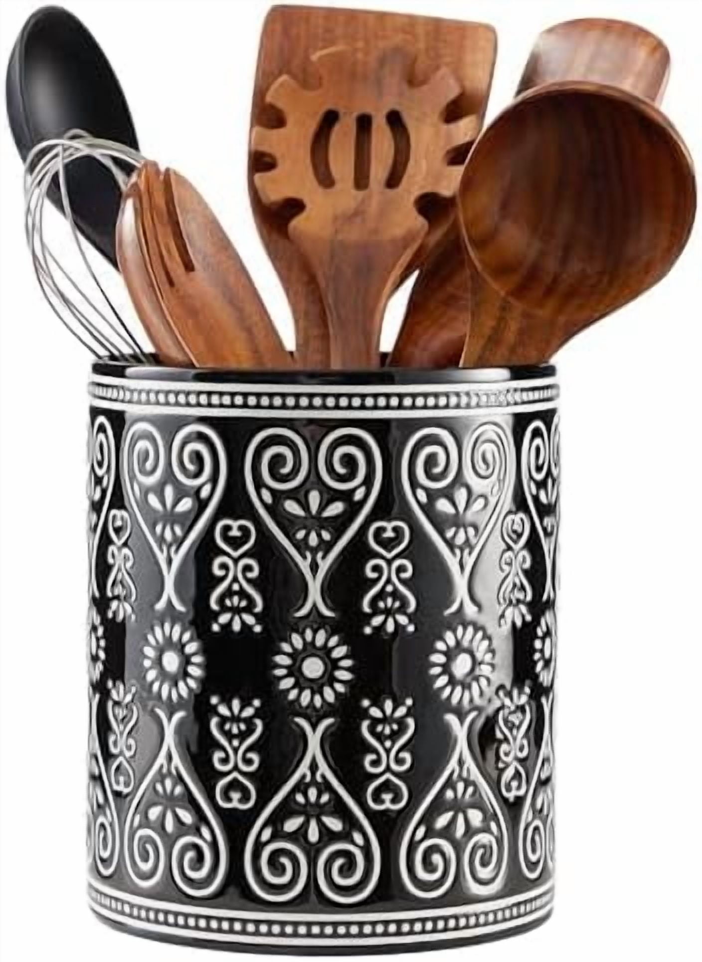 Black Heavy Ceramic Utensil Holder, 7" Extra Large Kitchen Utensil Holder for Countertop, Cooking Ceramic Crock for Farmhouse Kitchen Decor