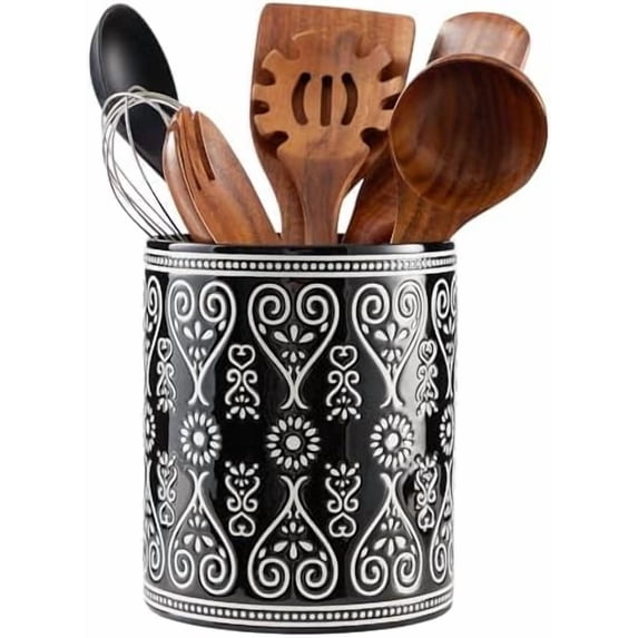 Black Heavy Ceramic Utensil Holder, 7" Extra Large Kitchen Utensil Holder for Countertop, Cooking Ceramic Crock for Farmhouse Kitchen Decor