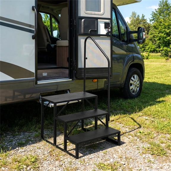 Black HeavyDuty 3Step RV Step Stool with Adjustable Handrail 660 LBS Capacity Metal Access Stairs for RV Hot Tub & Mobile Home