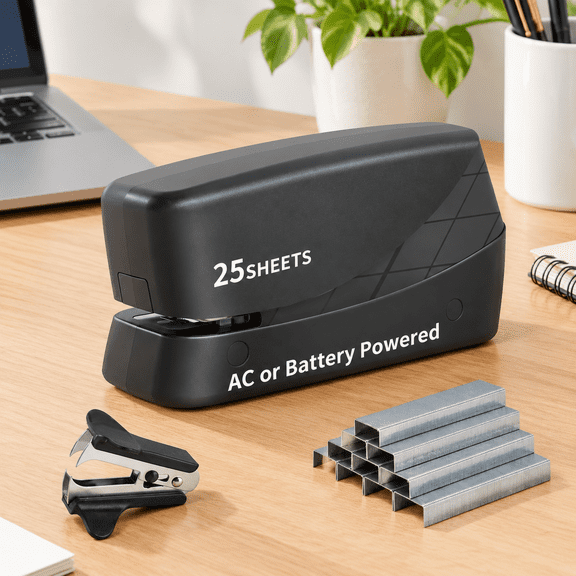 Black Heavy Duty Electric Desktop Stapler, 25 Sheet Capacity, Includes Staples And Staple Remover