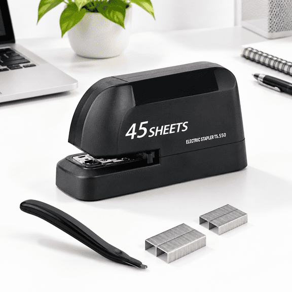 Black Heavy Duty Electric Desktop Stapler with 45 Sheet Capacity, Includes Staples & Remover