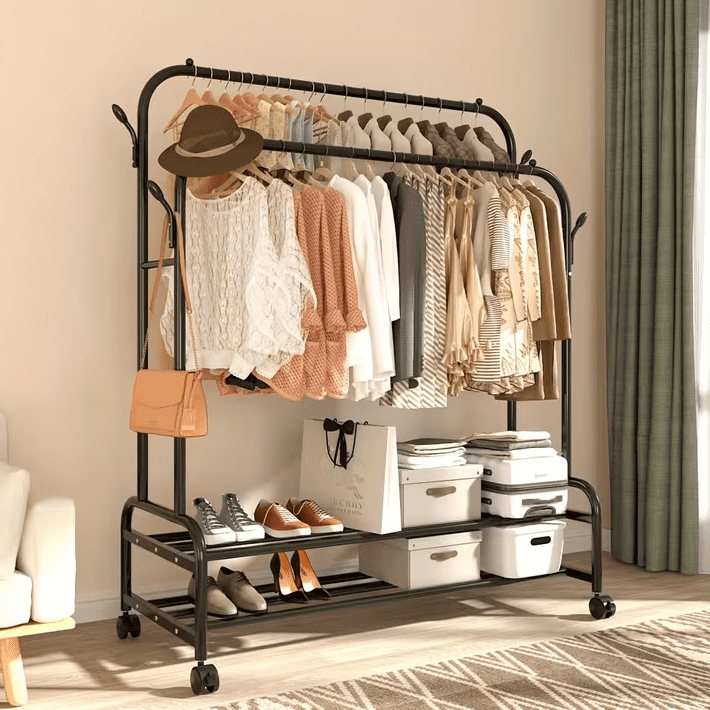 Black Heavy Duty Metal Double Rod Clothes Rack with Wheels, Shelves & Hooks, Rolling Garment Rack for Bedroom Closet