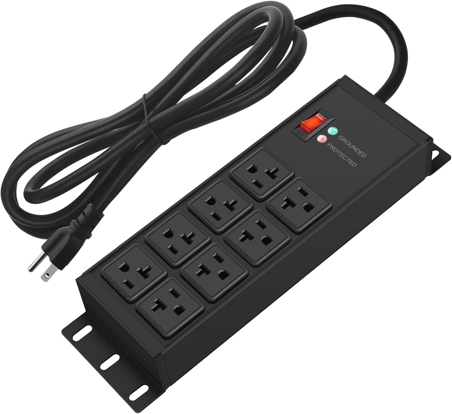 Black Heavy Duty Power Strip Surge Protector 20 AMP, 8 Outlets 12 Gauge
