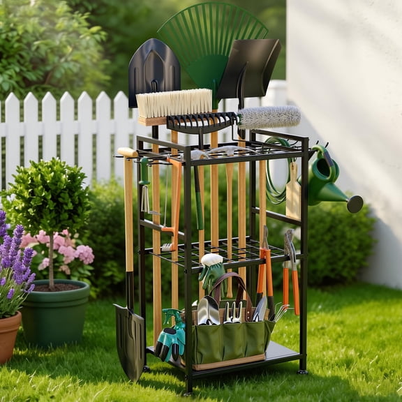 Black Heavy Duty Steel Garden Tool Storage Rack with Support Feet, Yard Tool Tower Organizer Holds Up to 35 Long Handled Rakes & Brooms, Garage Shed Outdoor Storage Stand