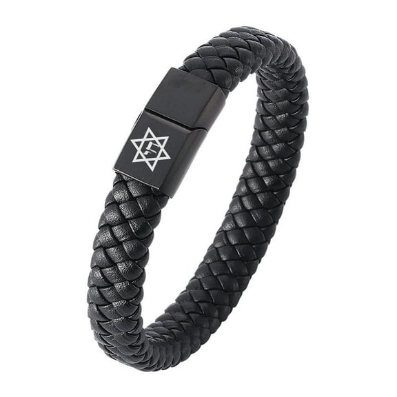 Black Hebrew Chai Star of David Blessings Leather Cuff Bracelet with Magnetic Buckle Judaism Symbol of Life Magen David Star Amulet Bangle Judaica Jewish Pride Jewelry,7.28 Inch