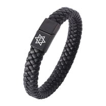 Black Hebrew Chai Star of David Blessings Leather Cuff Bracelet with Magnetic Buckle Judaism Symbol of Life Magen David Star Amulet Bangle Judaica Jewish Pride Jewelry,7.28 Inch
