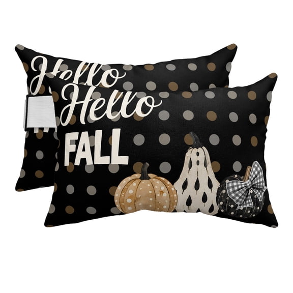 Black Hello Fall Outdoor Pillows for Chaise Lounge Chair Beach Headrest Pillow Set of 2 Waterproof Lumbar Pillows with Insert&Strap Pumpkins Autumn Thanksgiving Polka Dot Pool Pillow 12"x20"