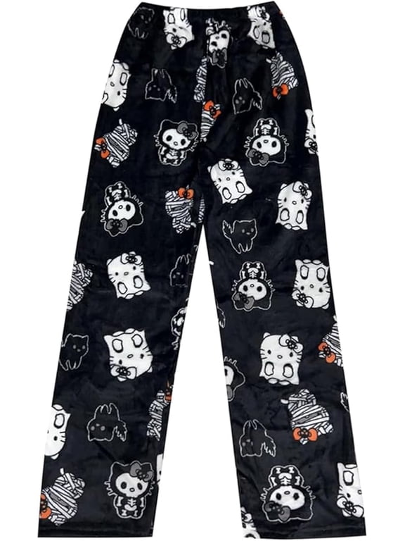 Black HelloKitty Fleece Pajama Pants for Women, Soft Fluffy Lounge Sleep Pants, Cute Cartoon Heart Pattern Casual Home Loungewear Bottoms for Sleep & Relax