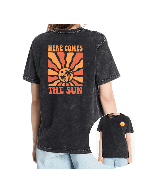 Black Here Comes The Sun Palm Tree Print Tshirt Graphic Tees Shirts Retro Summer Beach Casual Tops S-2XL
