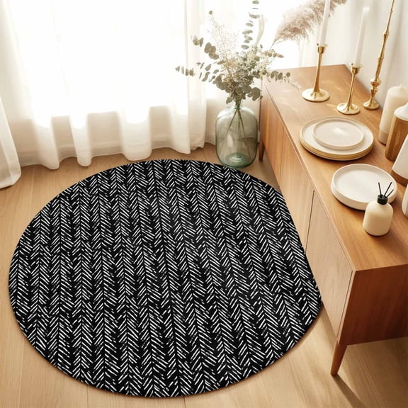 Black Herringbone Art Round Rug 3ft Abstract Geometric Striped Washable Area Rugs for Living Room Bedroom Entryway Non Slip Entrance Door Mat Indoor Floor Carpet