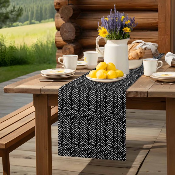 Black Herringbone Art Table Runner 13x48in Non-Slip Cotton Linen Table Runners, Abstract Geometric Striped Dresser Scarves TableRunner for Dinner Kitchen Dining Wedding Party