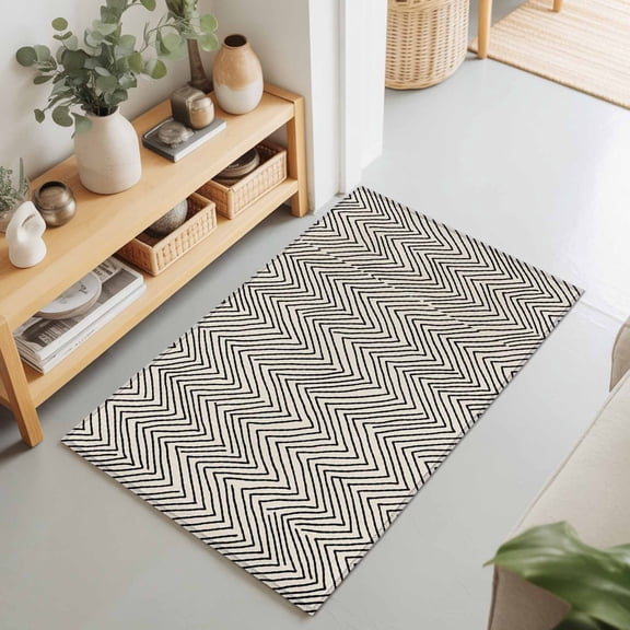 Black Herringbone Retro Linen Rectangle Area Rug 2x3ft,Living Room Rug Non-Slip Washable Circle Rugs Pad,Abstract Geometric Texture Soft Floor Carpet for Bedroom Dining Room