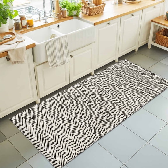 Black Herringbone Retro Linen Rectangle Area Rug 2x6ft,Living Room Rug Non-Slip Washable Circle Rugs Pad,Abstract Geometric Texture Soft Floor Carpet for Bedroom Dining Room