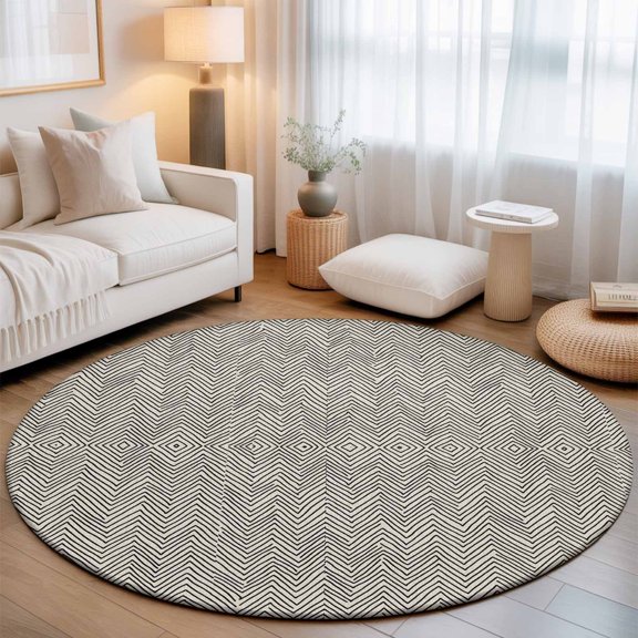 Black Herringbone Retro Linen Round Rug 5ft Abstract Geometric Texture Washable Area Rugs for Living Room Bedroom Entryway Non Slip Entrance Door Mat Indoor Floor Carpet