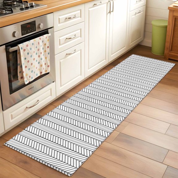 Black Herringbone Stripes 2x6 Runner Rug for Hallway Walkway Kitchen Galley, Modern Abstract Geometric Black White Simple Lines Low Pile Washable Non Slip Long Area Rug