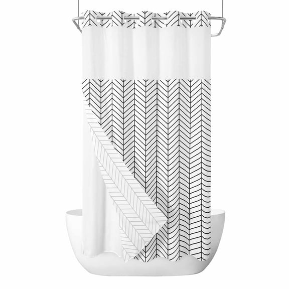 Black Herringbone Stripes No Hook Shower Curtain and Snap in Liner Set, Modern Abstract Geometric Black Simple Lines Waterproof Shower Curtain Liner Set with Mesh Top Window for Bathroom 54x78in