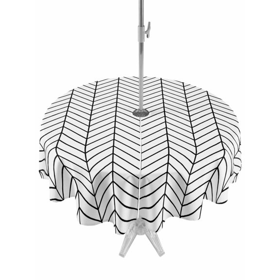 Black Herringbone Stripes Round Outdoor Tablecloth with Umbrella Hole Modern Abstract Geometric Black White Simple Lines 54 Inch Round Waterproof Table Cover Zippered Table Cloth for Garden Patio
