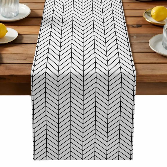 Black Herringbone Stripes Table Runner, Modern Abstract Geometric Black White Simple Lines Washable Kitchen Table Runners Dress Scarves for Dining Table Decorations Party, 13x36in
