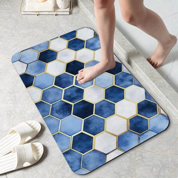 Black Hexagon Pattern Bath Mat, Non-Slip Rubber Backing, Low Profile Floor Rug For Bathroom Shower