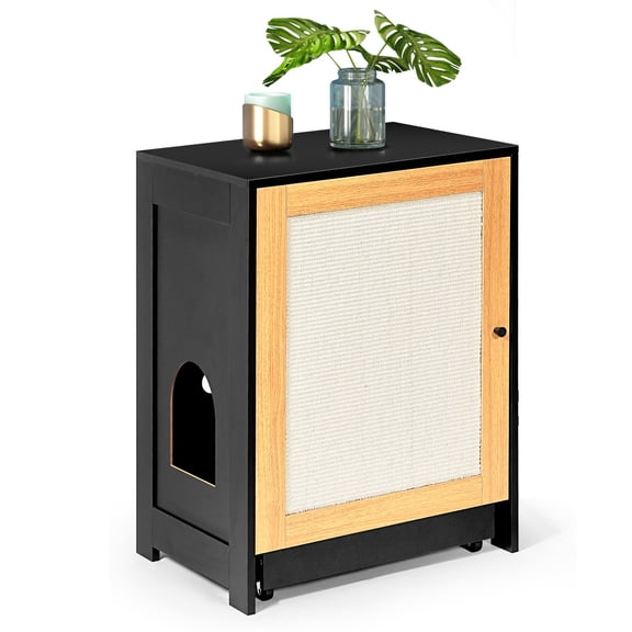Black Hidden Cat Litter Box Enclosure End Table with Sisal Scratch Door & Pull-Out Wheel Tray, P2 Eco Particle Board Cat Washroom Cabinet with Upper Storage Shelf