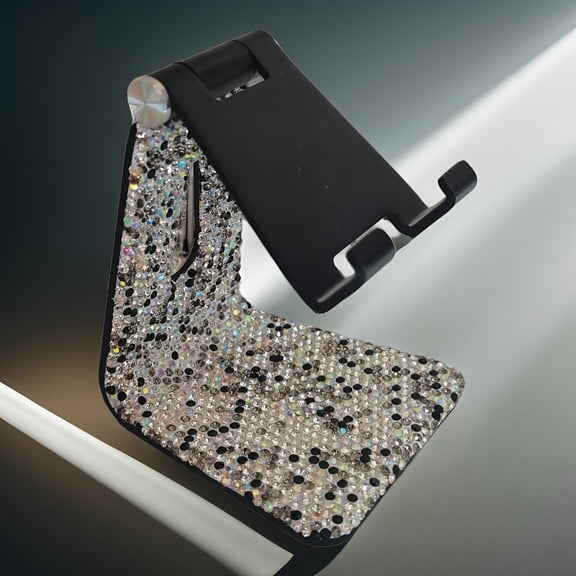 Black,High End Diamond Studded Phone Holder, Sparkling Rhinestone Phone Stand, Foldable Design, Premium Tablet Stand, Durable Aluminum Alloy Desk Mount, Luxury Metal, Perfect Gift For Women