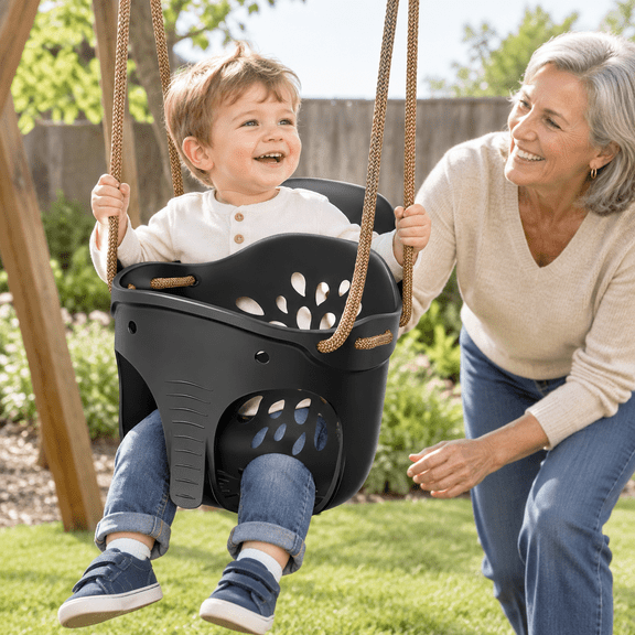 Black High Full Bucket Swing Seat W/adjustable Ropes