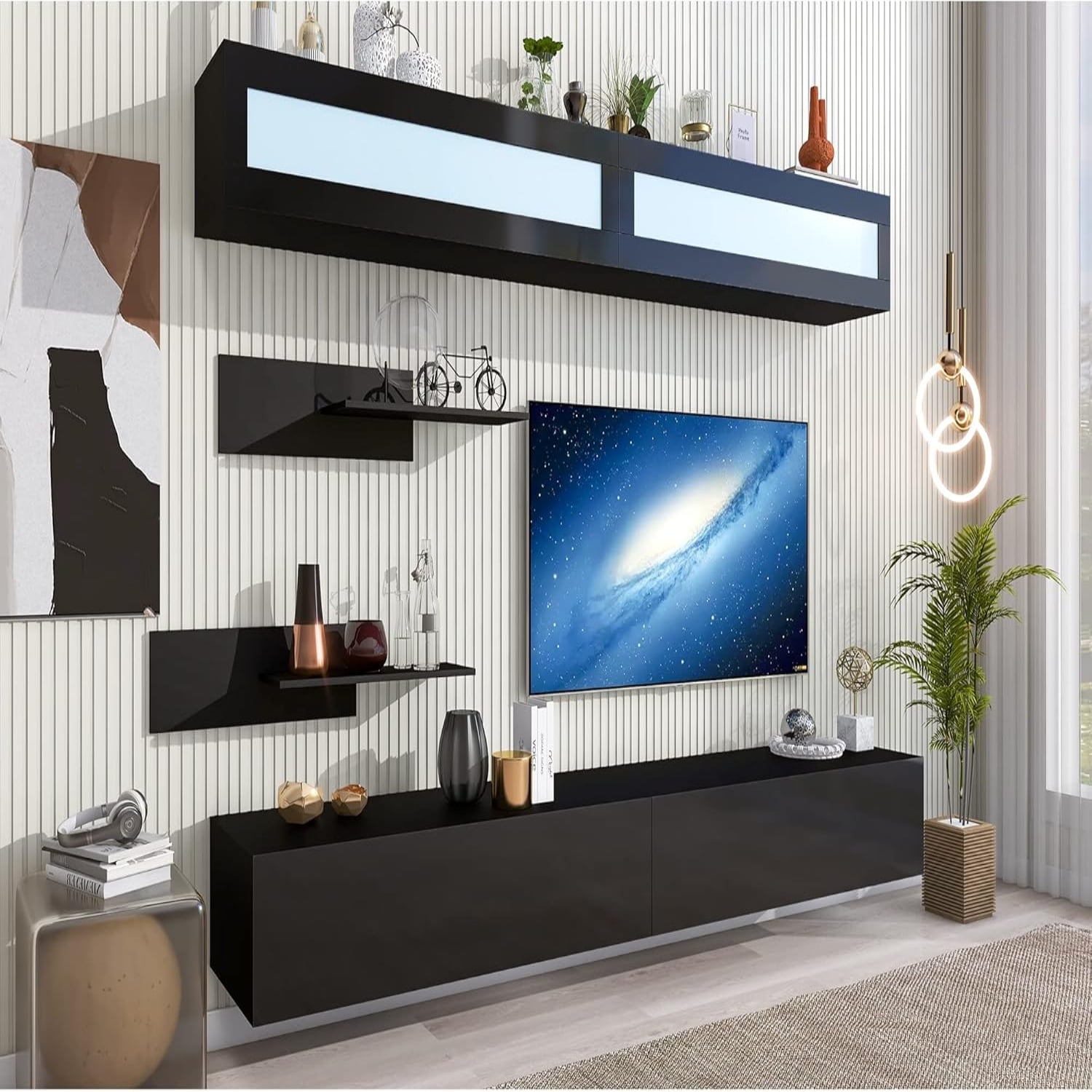 Black High Gloss TV Stand with Storage Modern Entertainment
