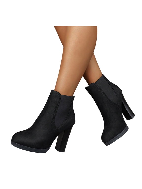 Black High Heels Dress Boots for Women Ladies Winter Fall Suede Pointed Toe Slip on Pumps Short Ankle Booties
