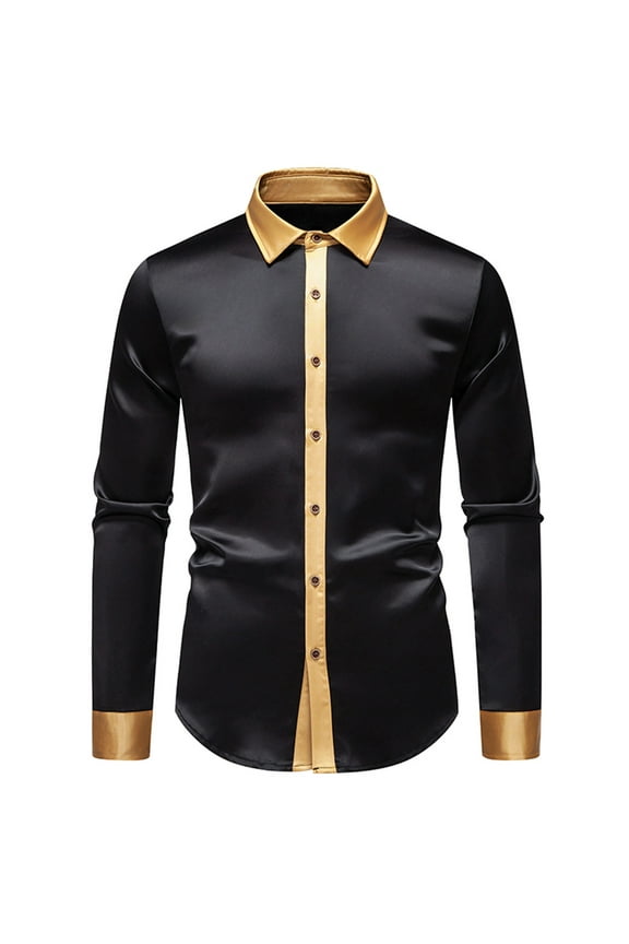 Black High Neck Faux Satin Tshirts for Man Fall Summer Long Sleeve Loose Fit Wedding Guest Formal Prom Party Evening Concert Plain Tops Shirts Man Button 2025 S