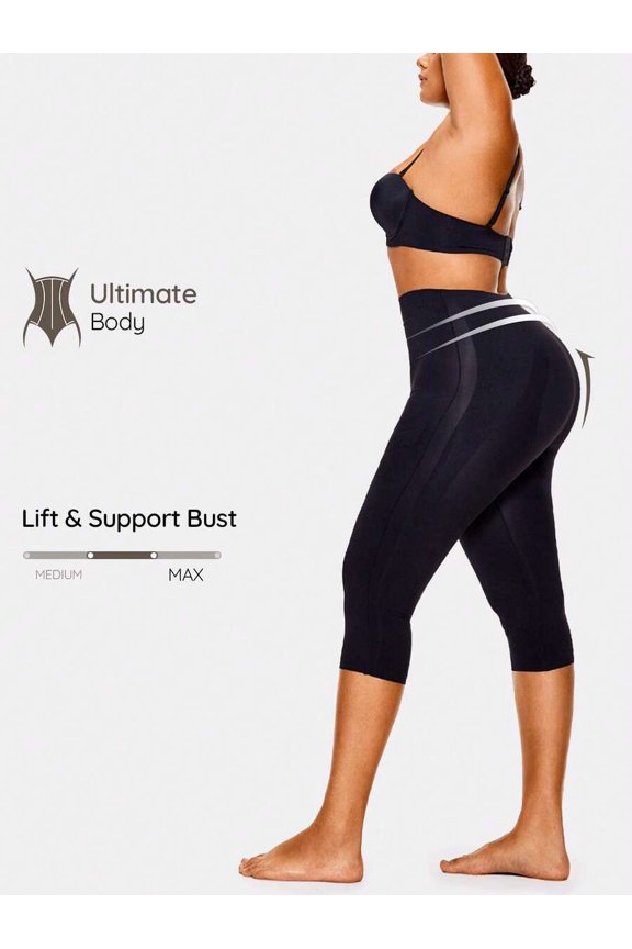 Black High Waist 3/4 Shapewear Capris With Max Bust Lift Support