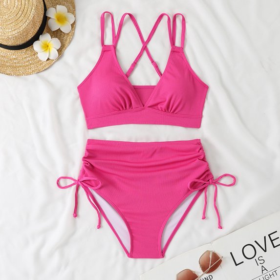 Black High Waist Bikini 2024 Brazilian Biquini Ribbed Swimsuit Women Drawstring Bathing Suit Swimwear Female Summer Beach Wear (Rose Red,S)