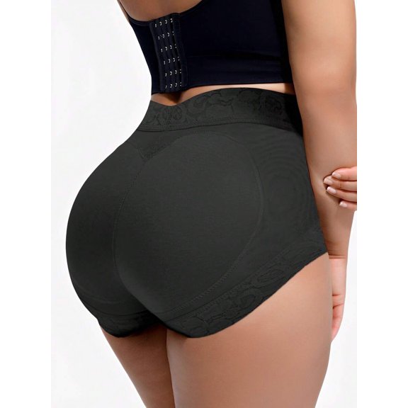 Black High Waist Hip Padded Shapewear Panties With Lace Trim
