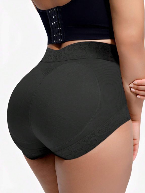 Black High Waist Hip Padded Shapewear Panties With Lace Trim