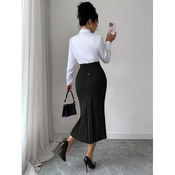 Black High-Waist Midi Bodycon Skirt With Pleated Hem And Button Details