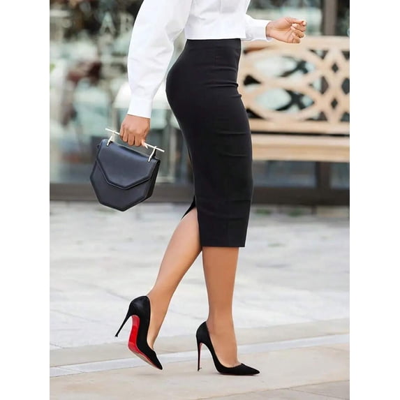 Black High-Waist Pencil Skirt With Back Slit Workwear Style