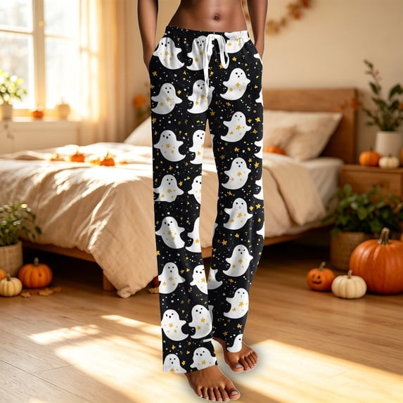 Black High Waist Pjs Loose Pant Relaxed Fit Halloween Sleep Pant With Side Pockets, Elastic Waist Fall Winter Pajamas S