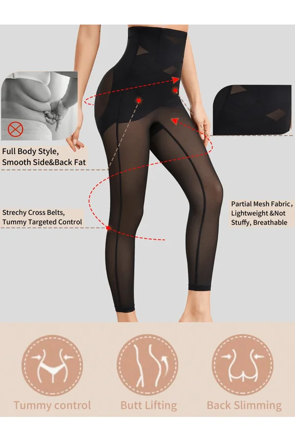 Black High Waist Shapewear Leggings With Mesh Panels Tummy Control Butt