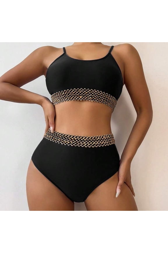 Black High-Waist Two-Piece Bikini Set With Gold-Tone Chain Embellishment