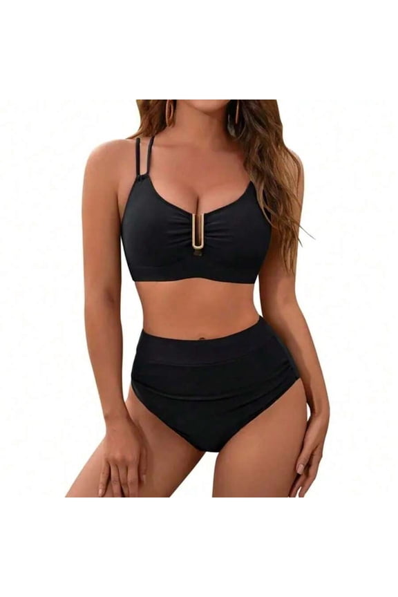 Black High-Waisted Ruched Two-Piece Swimsuit with Front Metal Clasp