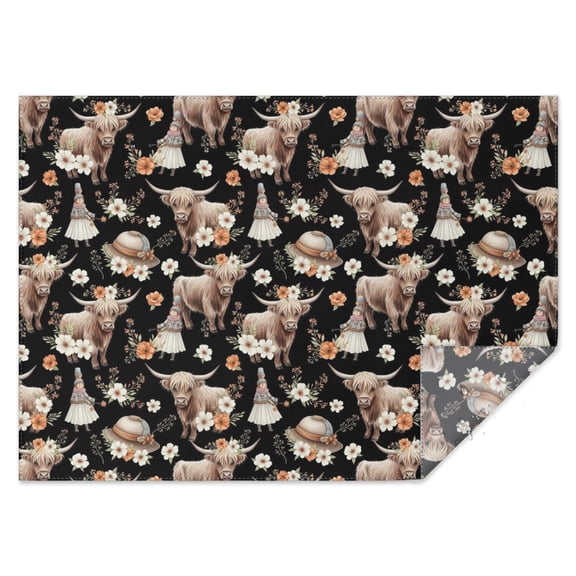 Black Highland Cow Flower Gnome Pattern Rectangle Tablecloth 60"x84",Waterproof Polyester Rectangle Table Cloth, Wipeable Spillproof Polyester Tablecloth for Dining, Camping, Indoor and Outdoor