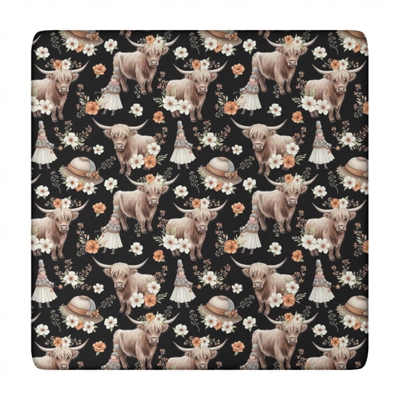 Black Highland Cow Flower Gnome Pattern Square Fitted Tablecloth with Elastic Edge,Square Table Cover,Washable Elastic Table Cover for Home Kitchen Party Decor 34"x34"
