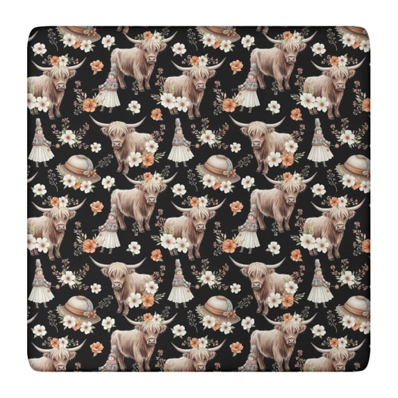 Black Highland Cow Flower Gnome Pattern Square Fitted Tablecloth with Elastic Edge,Square Table Cover,Washable Elastic Table Cover for Home Kitchen Party Decor 36"x36"