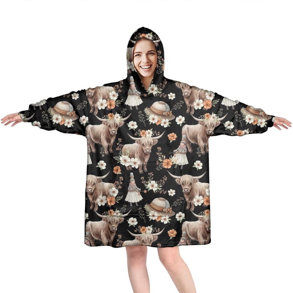 Black Highland Cow Flower Gnome Pattern Wearable Oversized Blanket,Wearable Blanket Hoodie for Adults,Cozy Hooded Blankets with Super Pockets,Super Warm Fuzzy Pullover for Women & Men