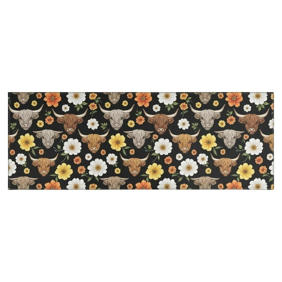 Black Highland Cow Flower Pattern Kitchen Rug Mat,Kitchen Runner Rugs Non Skid Washable,Decorative Kitchen Floor Mats for Kitchen,Sink,Laundry,17"X47"