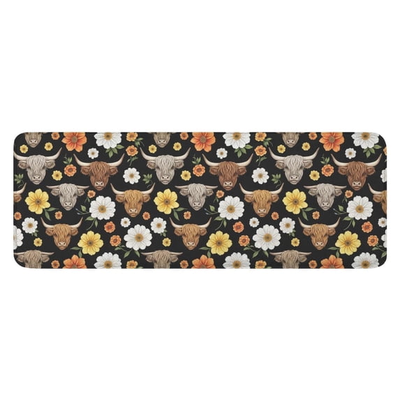 Black Highland Cow Flower Pattern Kitchen Rug Mat,Kitchen Runner Rugs Non Skid Washable,Decorative Kitchen Floor Mats for Kitchen,Sink,Laundry,17"x47.2"