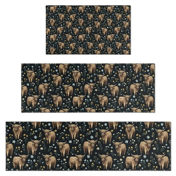 Black Highland Cow Flower Pattern Kitchen Rugs Sets Of 3,Kitchen Runner Rugs Non Skid Washable,Decorative Kitchen Floor Mats for Kitchen,Sink,Laundry,17"x30"+ 17"x47" + 17"x59"