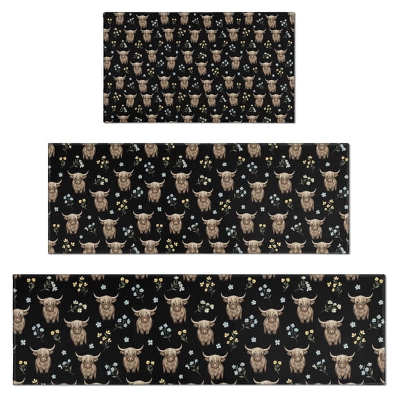 Black Highland Cow Flower Pattern Kitchen Rugs Sets Of 3,Kitchen Runner Rugs Non Skid Washable,Decorative Kitchen Floor Mats for Kitchen,Sink,Laundry,17"x30"+ 17"x47" + 17"x59"